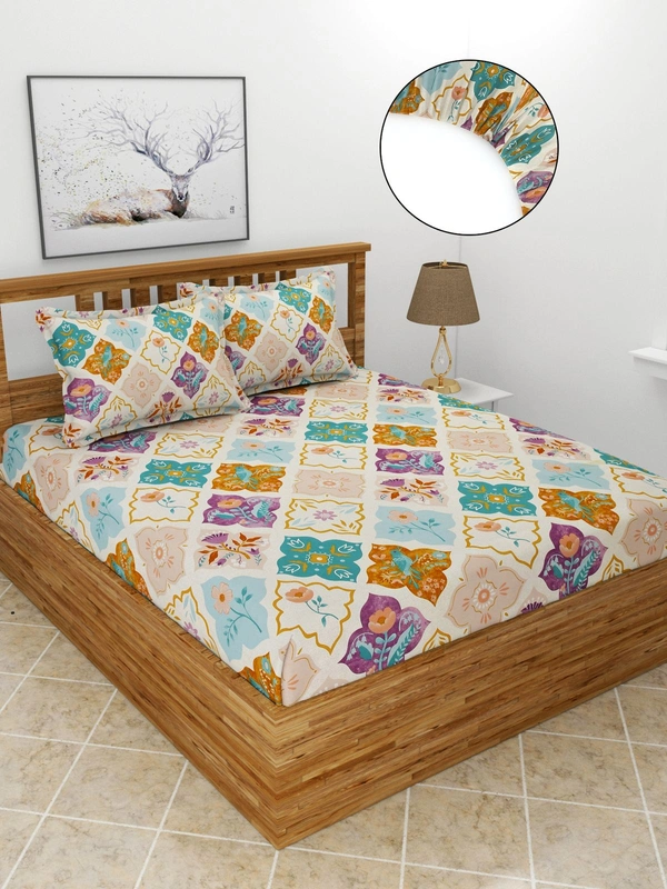 MORADO Premium Glace Cotton Elastic Fitted Double Bedsheet with 2 King Size Pillow Covers (72x78x8 Inches) - 72x78x8 Inches, Purple