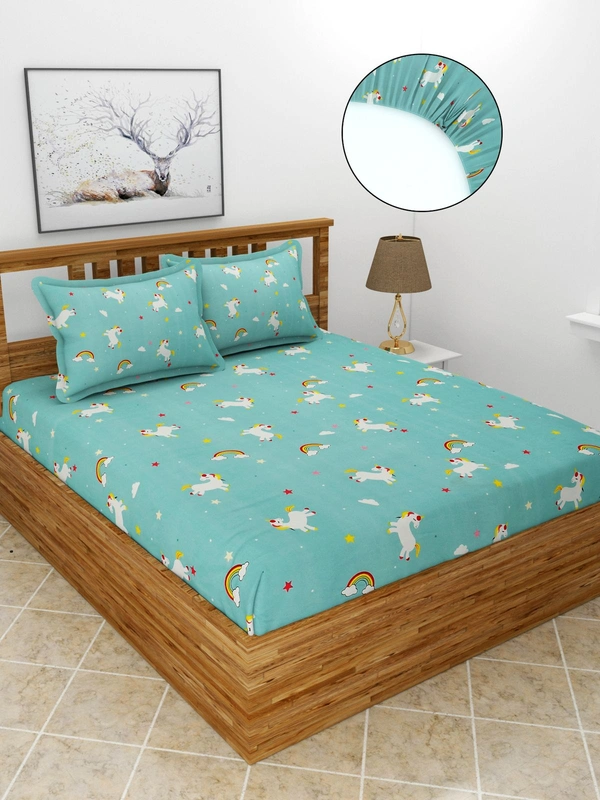 MORADO Premium Glace Cotton Elastic Fitted Double Bedsheet with 2 King Size Pillow Covers (72x78x8 Inches) - 72x78x8 Inches, Blue