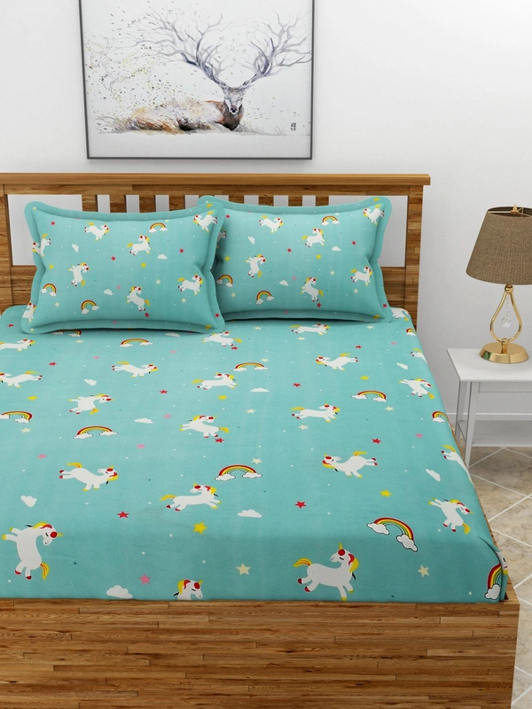 MORADO Premium Glace Cotton Elastic Fitted Double Bedsheet with 2 King Size Pillow Covers (72x78x8 Inches) - 72x78x8 Inches, Blue