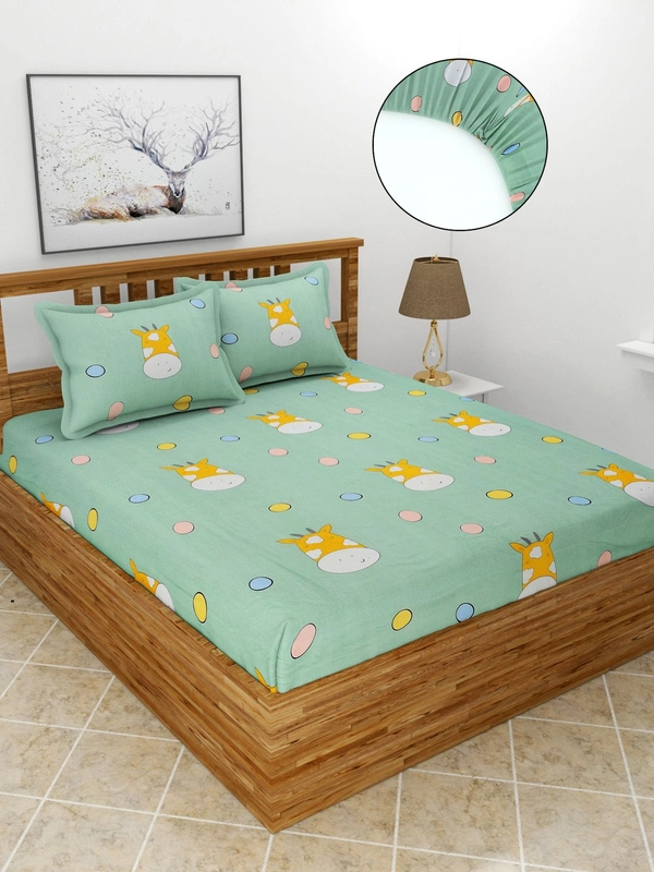 MORADO Premium Glace Cotton Elastic Fitted Double Bedsheet with 2 King Size Pillow Covers (72x78x8 Inches) - 72x78x8 Inches, Green