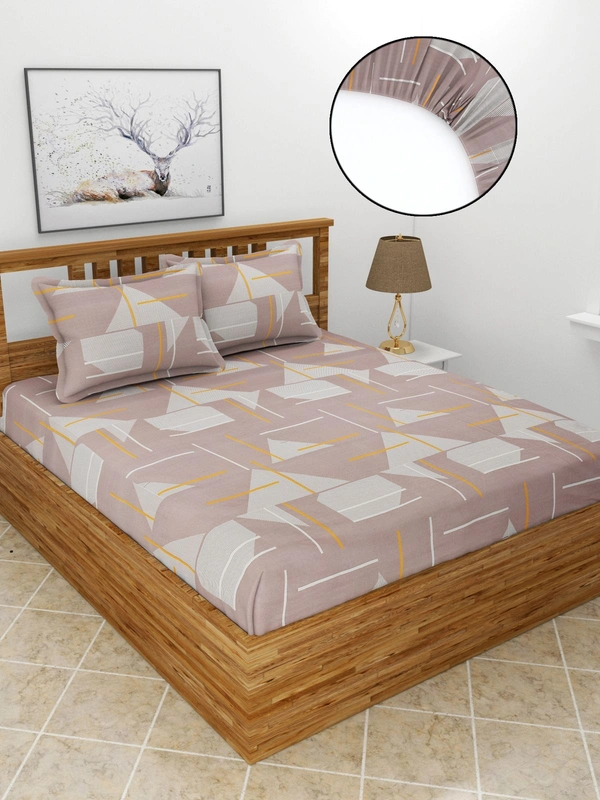 MORADO Premium Glace Cotton Elastic Fitted Double Bedsheet with 2 King Size Pillow Covers (72x78x8 Inches) - 72x78x8 Inches, Brown