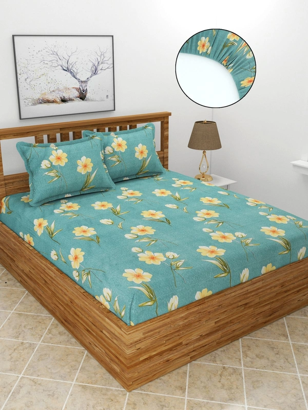 MORADO Premium Glace Cotton Elastic Fitted Double Bedsheet with 2 Pillow Covers (72x78x8 Inches) - 72x78x8 Inches