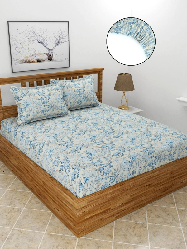 MORADO Premium Glace Cotton Elastic Fitted Double Bedsheet with 2 Pillow Covers (72x78x8 Inches) - 72x78x8 Inches