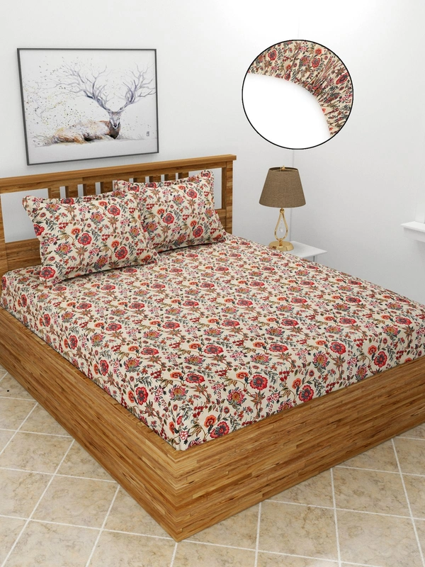 MORADO Premium Glace Cotton Elastic Fitted Double Bedsheet with 2 Pillow Covers (72x78x8 Inches) - 72x78x8 Inches