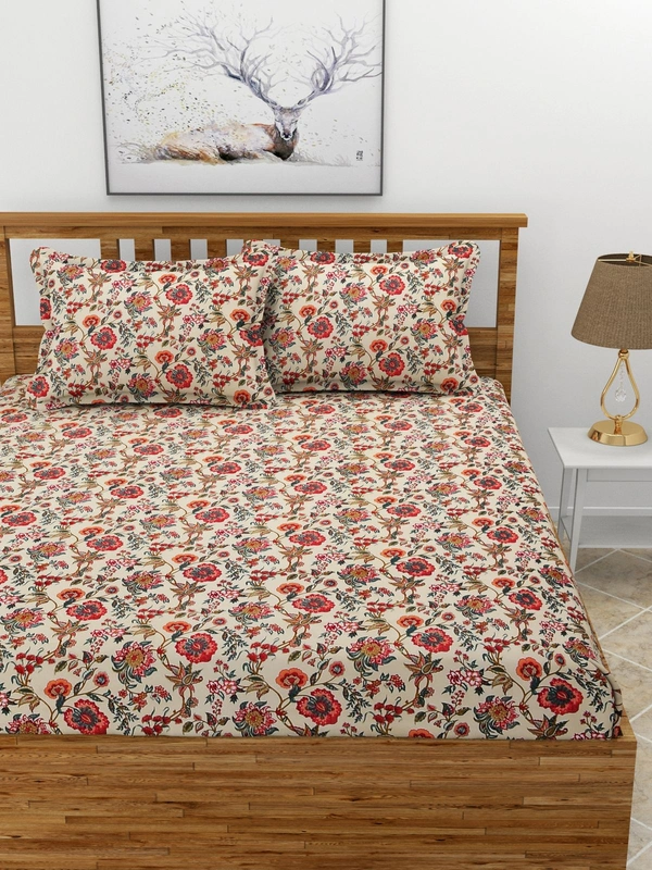 MORADO Premium Glace Cotton Elastic Fitted Double Bedsheet with 2 Pillow Covers (72x78x8 Inches) - 72x78x8 Inches