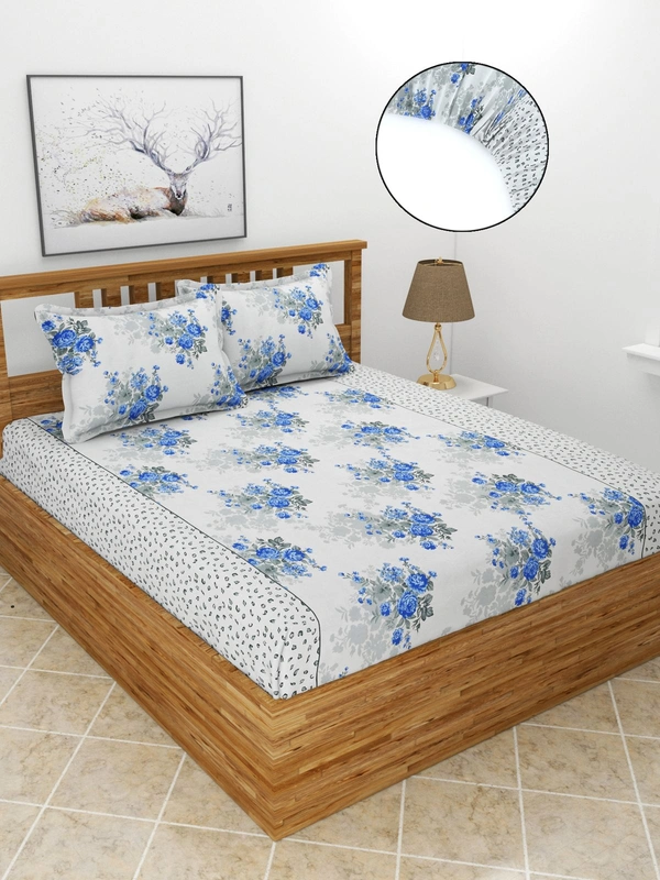 MORADO Premium Glace Cotton Elastic Fitted Double Bedsheet with 2 Pillow Covers (72x78x8 Inches) - 72x78x8 Inches