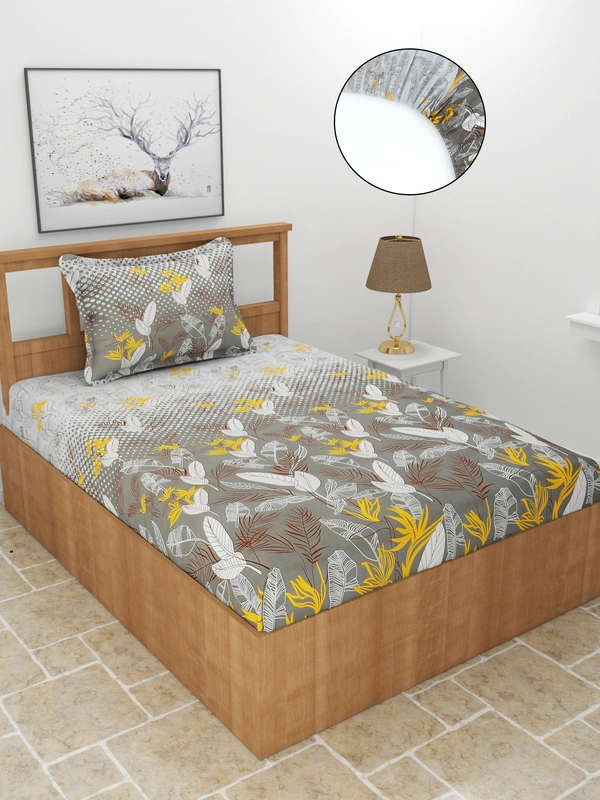 MORADO Premium Glace Cotton Elastic Fitted Single Bedsheet With 1 Pillow Cover (36x72x8 Inches) - 36x72x8 Inches, Charcoal