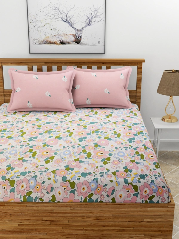 MORADO Premium Glace Cotton King Size Double Bedsheet With 2 King Size Pillow Covers (108x108 Inches) - 108x108 Inches, Pink