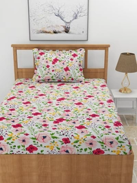 MORADO Premium Glace Cotton Elastic Fitted Single Bedsheet With 1 Pillow Cover (36x72x8 Inches) - 36x72x8 Inches, Pink