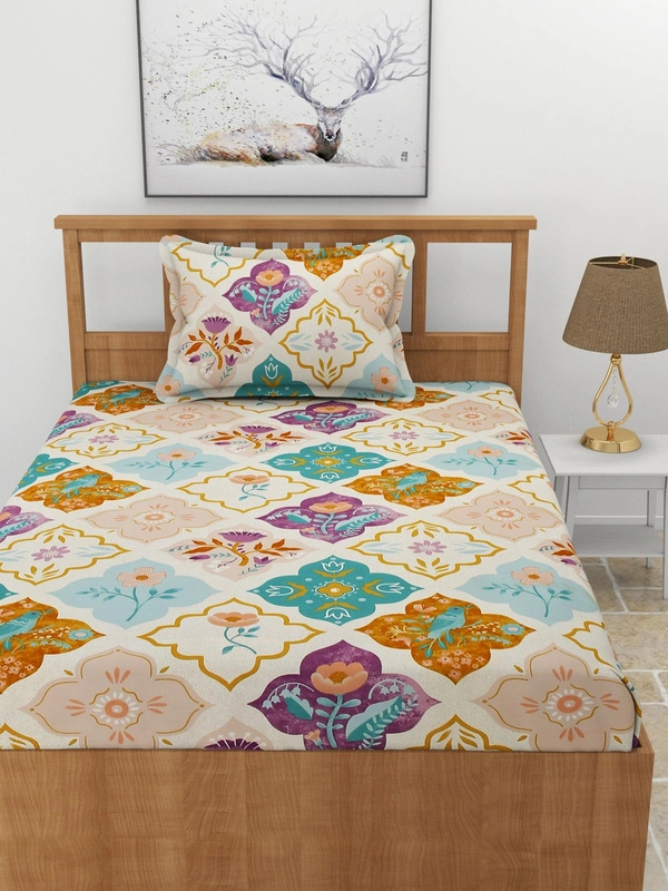 MORADO Premium Glace Cotton Single Bedsheet With 1 King Size Pillow Cover (60x90 Inches) - 36x72x8 Inches