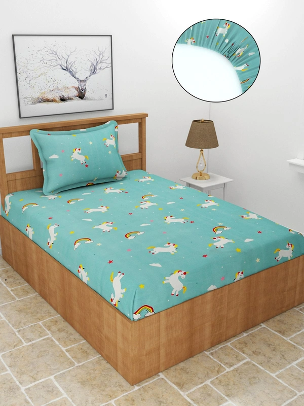 MORADO Premium Glace Cotton Single Bedsheet With 1 King Size Pillow Cover (60x90 Inches) - 36x72x8 Inches, Blue