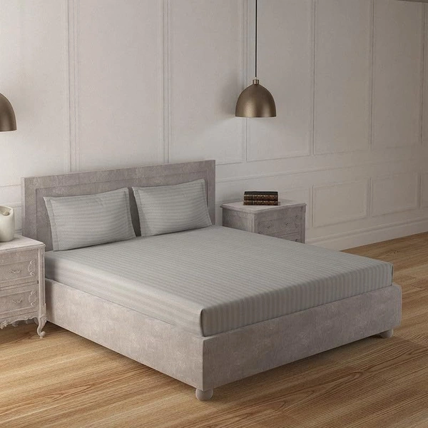 MORADO Premium Glace Cotton Stripe Double Bedsheet With 2 King Size Pillow Covers for Home-Hotels-Guest House (108x108 Inches) - 108x108 Inches, Light Grey