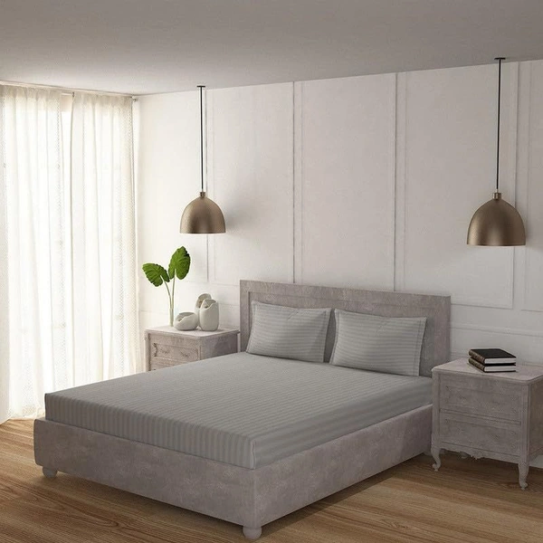 MORADO Premium Glace Cotton Stripe Double Bedsheet With 2 King Size Pillow Covers for Home-Hotels-Guest House (108x108 Inches) - 108x108 Inches, Light Grey