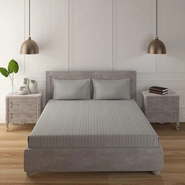 MORADO Premium Glace Cotton Stripe Double Bedsheet With 2 King Size Pillow Covers for Home-Hotels-Guest House (108x108 Inches) - 108x108 Inches, Light Grey