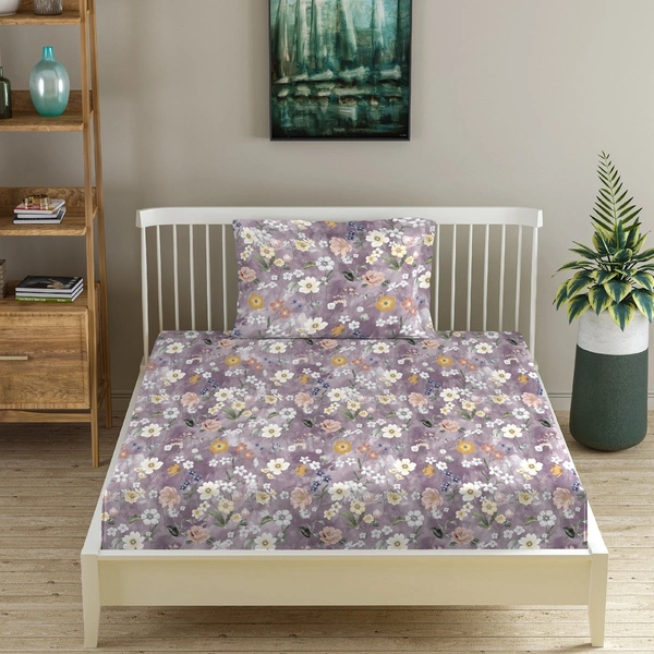 Morado MORADO Premium Glace Cotton Single Fitted Bedsheet With 1 King Size Pillow Cover (36x72x8 Inches)-Purple