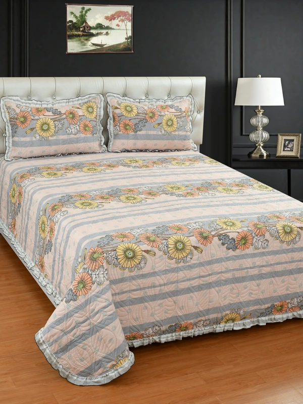 MORADO Glace Cotton Luxury Ultrasonic Printed Lightweight All Season Bedspreads/Quilted Bed Cover With 2 King Size Pillow Covers - (90x100 inches -Peach & Grey Floral) - 90x100 Inches, Web Orange