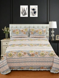 MORADO Glace Cotton Luxury Ultrasonic Printed Lightweight All Season Bedspreads/Quilted Bed Cover With 2 King Size Pillow Covers - (90x100 inches -Peach & Grey Floral) - 90x100 Inches, Web Orange