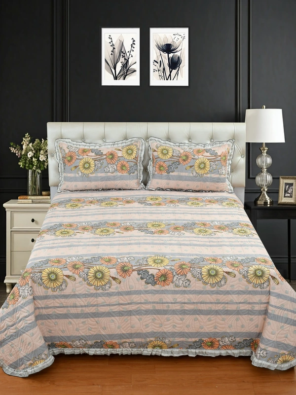 MORADO Glace Cotton Luxury Ultrasonic Printed Lightweight All Season Bedspreads/Quilted Bed Cover With 2 King Size Pillow Covers - (90x100 inches -Peach & Grey Floral) - 90x100 Inches, Web Orange