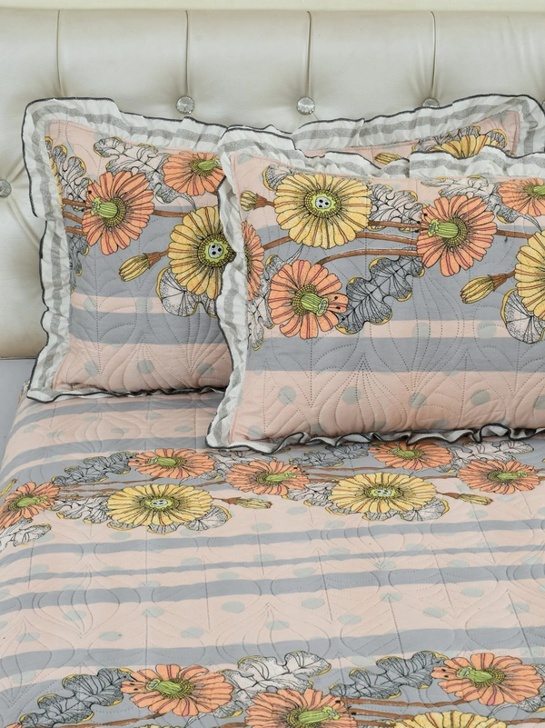 MORADO Glace Cotton Luxury Ultrasonic Printed Lightweight All Season Bedspreads/Quilted Bed Cover With 2 King Size Pillow Covers - (90x100 inches -Peach & Grey Floral) - 90x100 Inches, Web Orange