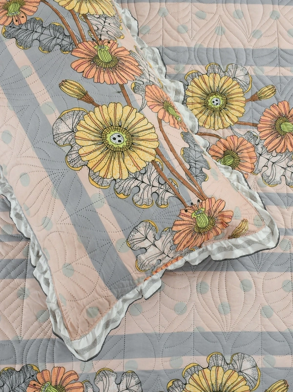 MORADO Glace Cotton Luxury Ultrasonic Printed Lightweight All Season Bedspreads/Quilted Bed Cover With 2 King Size Pillow Covers - (90x100 inches -Peach & Grey Floral) - 90x100 Inches, Web Orange