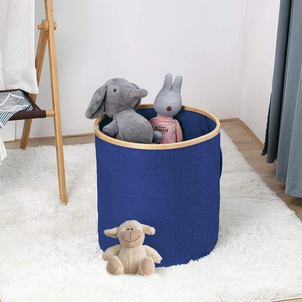 Luxe Home International Laundry Basket for Clothes Foldable, Waterproof Premium Bamboo Laundry Basket with Lid, Perfect for Bathroom, Bedroom, Kitchen (Round) Navy Blue - 45x45x50 cm, Navy Blue