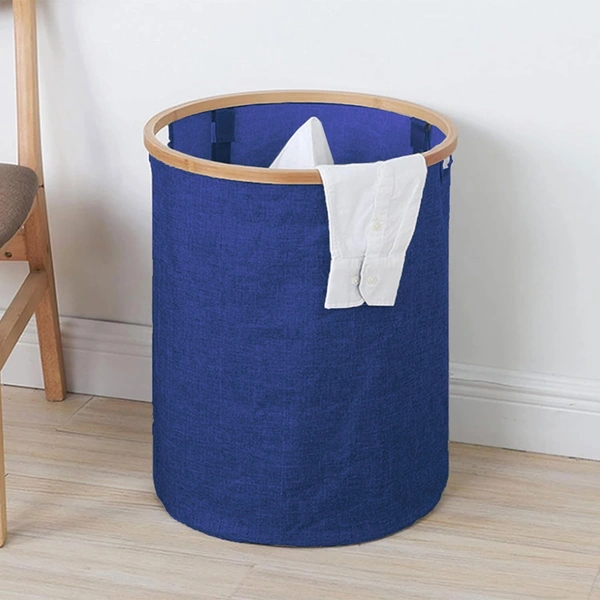 Luxe Home International Laundry Basket for Clothes Foldable, Waterproof Premium Bamboo Laundry Basket with Lid, Perfect for Bathroom, Bedroom, Kitchen (Round) Navy Blue - 45x45x50 cm, Navy Blue