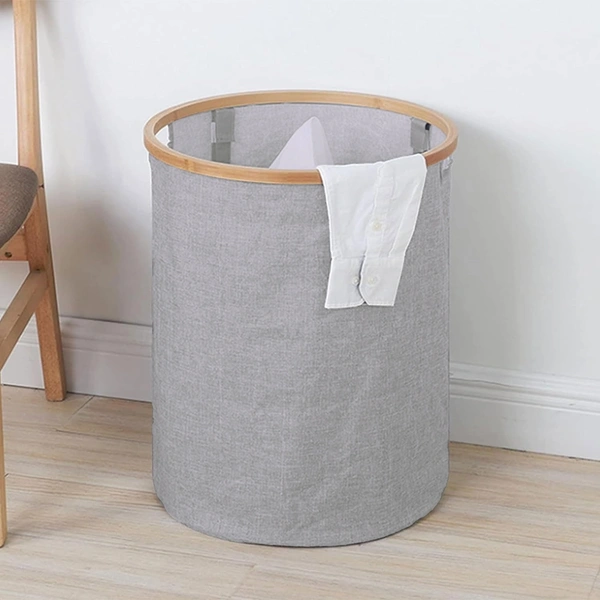 Luxe Home International Laundry Basket for Clothes Foldable, Waterproof Premium Bamboo Laundry Basket with Lid, Perfect for Bathroom, Bedroom, Kitchen (Round) Grey - 45x45x50 cm, Grey