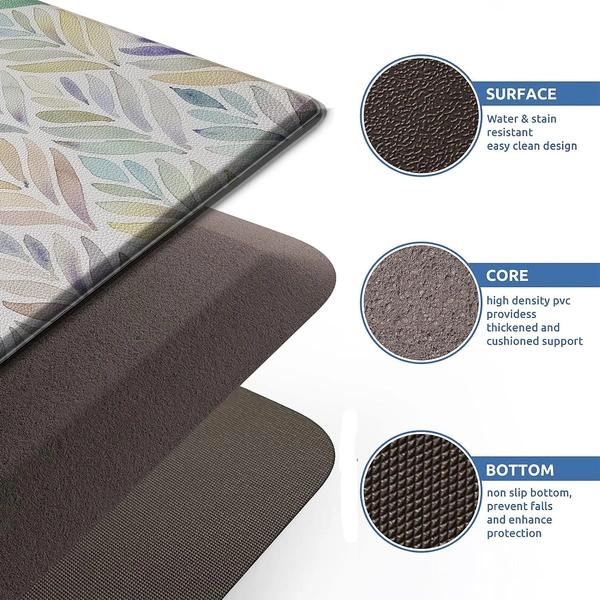 Luxe Home International Anti-Fatigue Kitchen Mat Non-Slip Cushioned Comfort Mat - Geometric Pattern Standing Desk Mat - Waterproof and Easy to Clean for Home and Office - 45x75 cm, Leaf