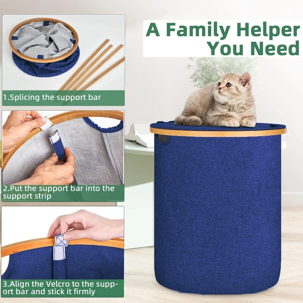 Luxe Home International Laundry Basket for Clothes Foldable, Waterproof Premium Bamboo Laundry Basket with Lid, Perfect for Bathroom, Bedroom, Kitchen (Round) Navy Blue - 45x45x50 cm, Navy Blue