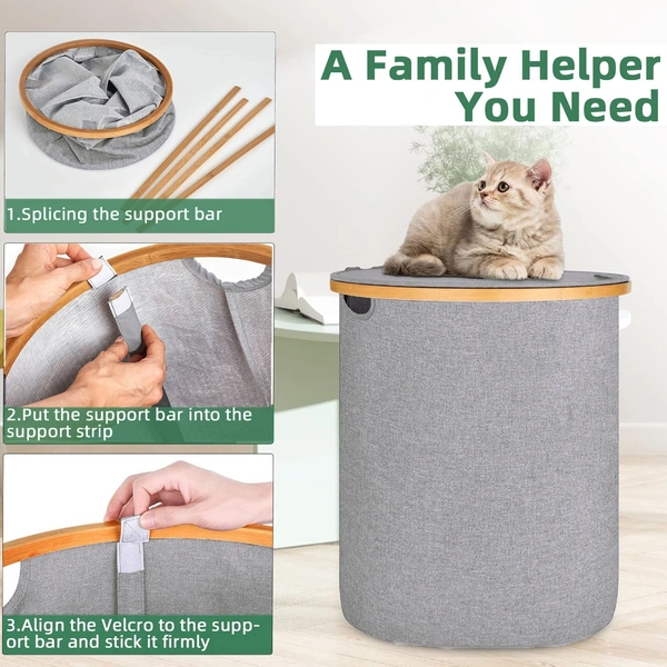 Luxe Home International Laundry Basket for Clothes Foldable, Waterproof Premium Bamboo Laundry Basket with Lid, Perfect for Bathroom, Bedroom, Kitchen (Round) Grey - 45x45x50 cm, Grey