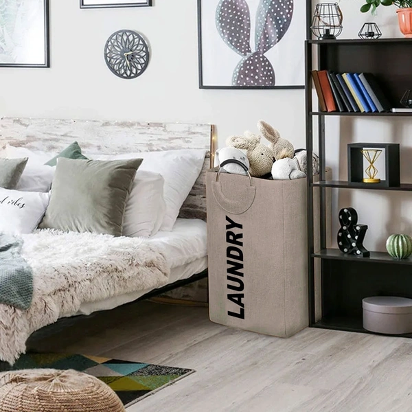 Luxe Home International Laundry Basket for Clothes Foldable, Waterproof Premium Bamboo Laundry Hamper Perfect for Bathroom, Bedroom, Kitchen (Beige) - 30x40x65 cm, Beige