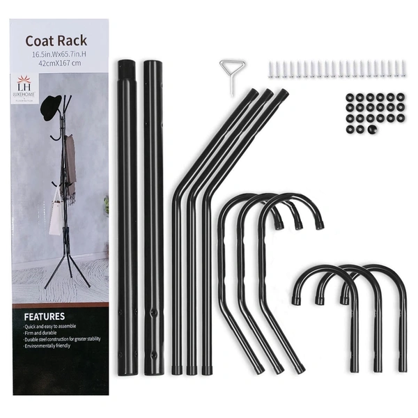 Luxe Home International Coat Rack Hanger Stand with Hooks for Clothes, Bedroom Corner, Living Room, Office (Black) - 170 x 45 x 45 cm, Black
