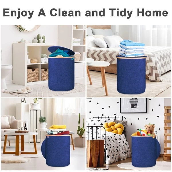 Luxe Home International Laundry Basket for Clothes Foldable, Waterproof Premium Bamboo Laundry Basket with Lid, Perfect for Bathroom, Bedroom, Kitchen (Round) Navy Blue - 45x45x50 cm, Navy Blue