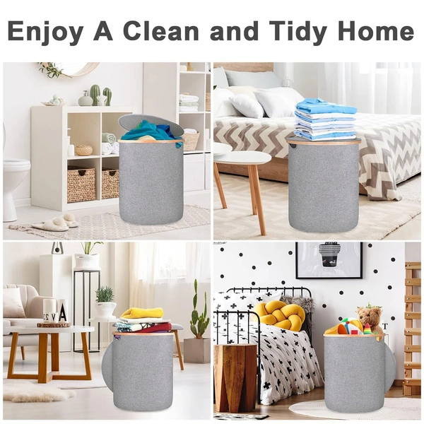 Luxe Home International Laundry Basket for Clothes Foldable, Waterproof Premium Bamboo Laundry Basket with Lid, Perfect for Bathroom, Bedroom, Kitchen (Round) Grey - 45x45x50 cm, Grey