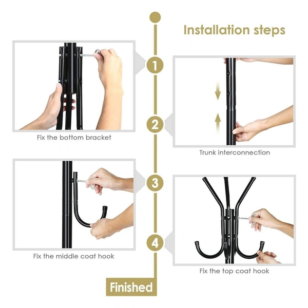 Luxe Home International Coat Rack Hanger Stand with Hooks for Clothes, Bedroom Corner, Living Room, Office (Black) - 170 x 45 x 45 cm, Black