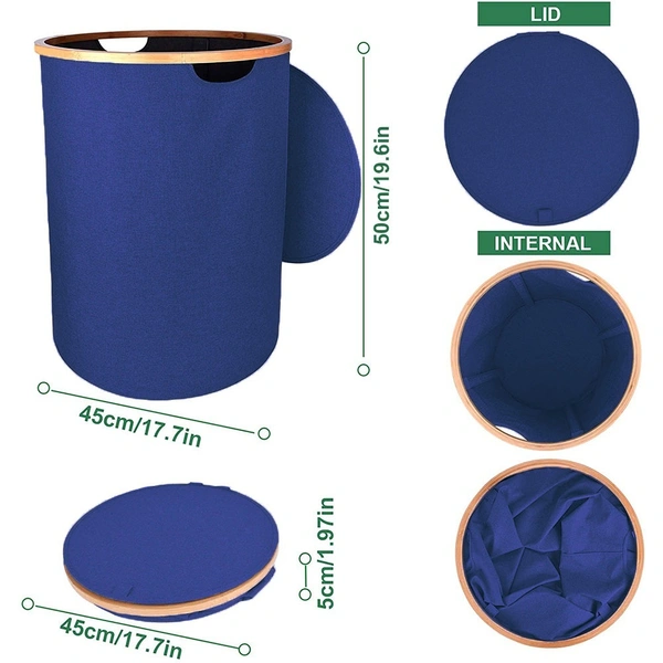 Luxe Home International Laundry Basket for Clothes Foldable, Waterproof Premium Bamboo Laundry Basket with Lid, Perfect for Bathroom, Bedroom, Kitchen (Round) Navy Blue - 45x45x50 cm, Navy Blue