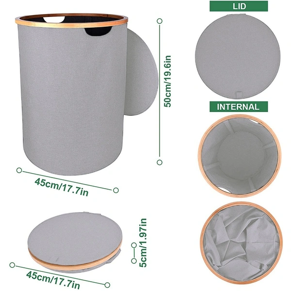 Luxe Home International Laundry Basket for Clothes Foldable, Waterproof Premium Bamboo Laundry Basket with Lid, Perfect for Bathroom, Bedroom, Kitchen (Round) Grey - 45x45x50 cm, Grey