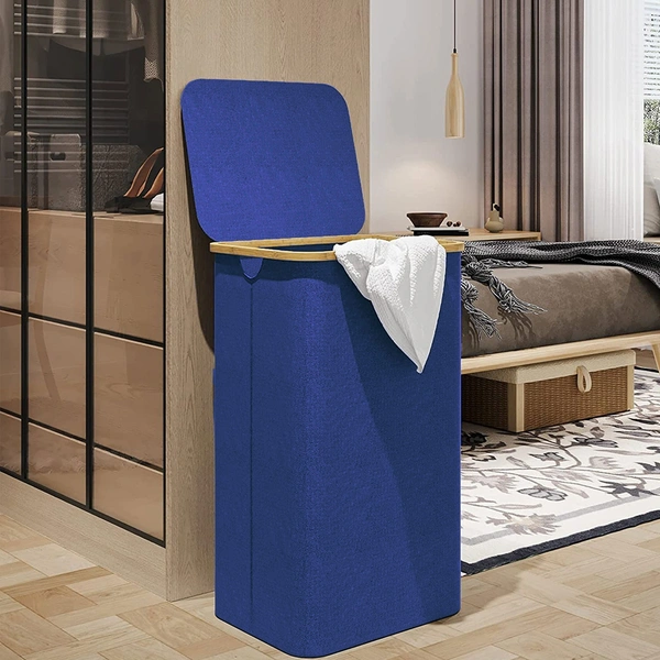 Luxe Home International Laundry Basket for Clothes, Premium Bamboo Big Storage Bag with Lid Multipurpose Used In Laundry Rooms, Bedrooms, Bathrooms (40x60 cm, Navy Blue) - 40x60 cm, Navy Blue