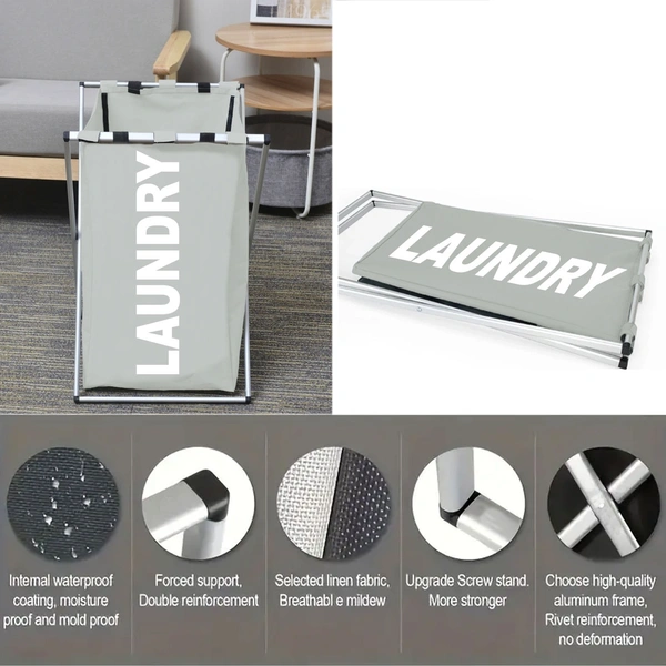 Luxe Home International Laundry Basket for Clothes Foldable, Waterproof Premium Aluminum Laundry Hamper Perfect for Bathroom, Bedroom, Kitchen (Rectangle) Grey - 30X35X50CM, Silver