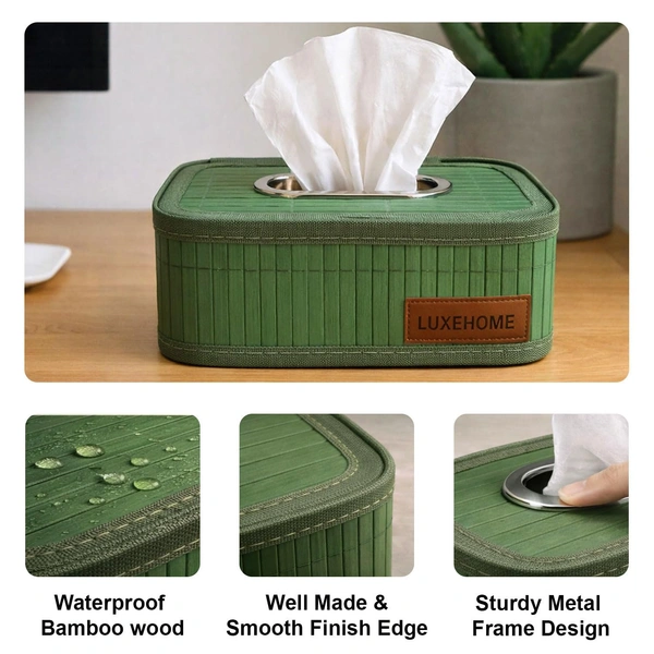 Luxe Home International Bamboo Napkin Box Tissue Holder Organizer for Table, Home, Office, Restaurent, Car | Eco-Friendly | Handcrafted | Decorative Box (Green, 24x14x9 cm) - 24x14x9 cm, Green