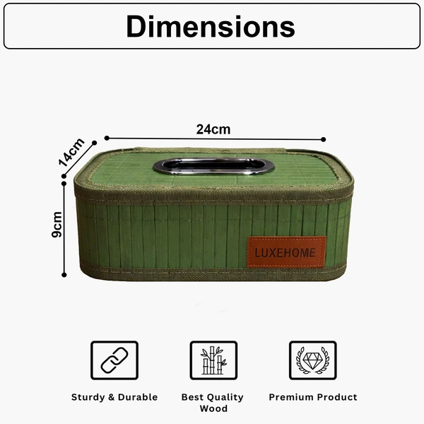 Luxe Home International Bamboo Napkin Box Tissue Holder Organizer for Table, Home, Office, Restaurent, Car | Eco-Friendly | Handcrafted | Decorative Box (Green, 24x14x9 cm) - 24x14x9 cm, Green