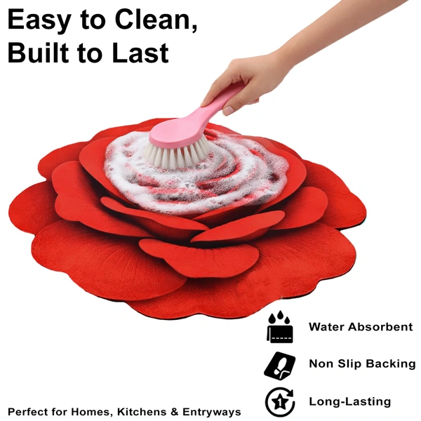 Luxe Home International Bath Mat 3D Rose Flower Shaped Floral Design, Soft, Anti Slip Skid, Floor Mat for Bathroom, Bedroom, Living Room, Balcony (Red, 67x71 cm) - 67x71 cm, Red Rose