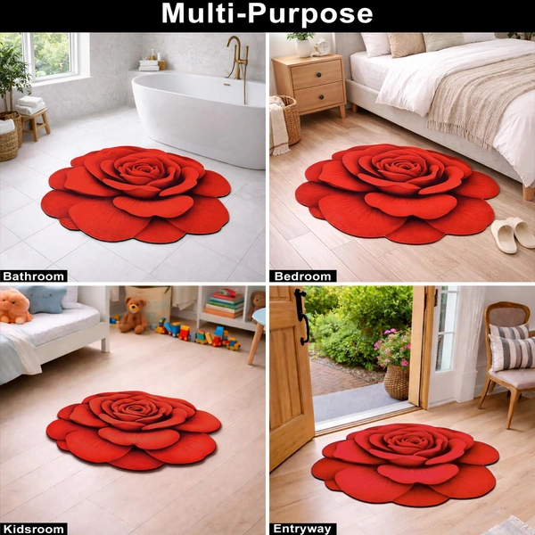 Luxe Home International Bath Mat 3D Rose Flower Shaped Floral Design, Soft, Anti Slip Skid, Floor Mat for Bathroom, Bedroom, Living Room, Balcony (Red, 67x71 cm) - 67x71 cm, Red Rose