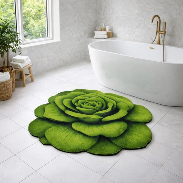 Luxe Home International Bath Mat 3D Rose Flower Shaped Floral Design, Soft, Anti Slip Skid, Floor Mat for Bathroom, Bedroom, Living Room, Balcony (Green, 67x71 cm) - 67x71 cm, Green Rose