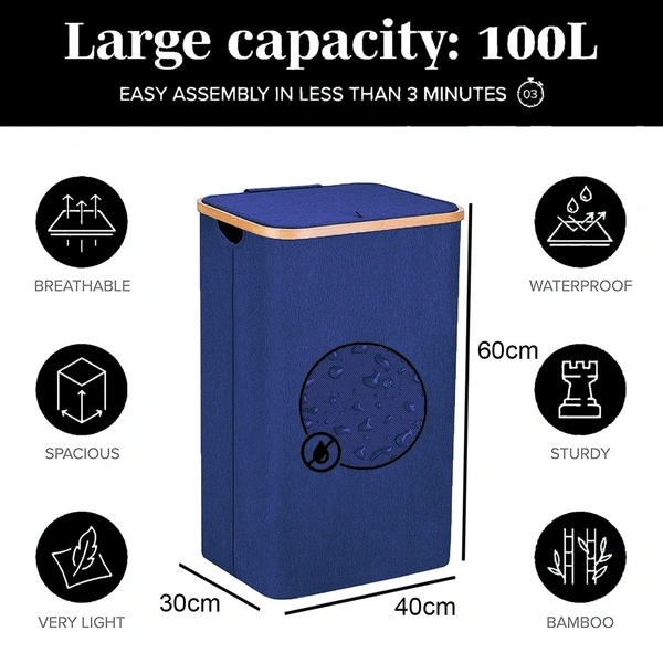 Luxe Home International Laundry Basket for Clothes, Premium Bamboo Big Storage Bag with Lid Multipurpose Used In Laundry Rooms, Bedrooms, Bathrooms (40x60 cm, Navy Blue) - 40x60 cm, Navy Blue