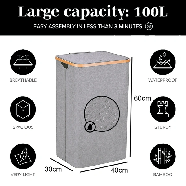 Luxe Home International Laundry Basket for Clothes, Premium Bamboo Big Storage Bag with Lid Multipurpose Used In Laundry Rooms, Bedrooms, Bathrooms (40x60 cm, Grey) - 40x60 cm, Silver