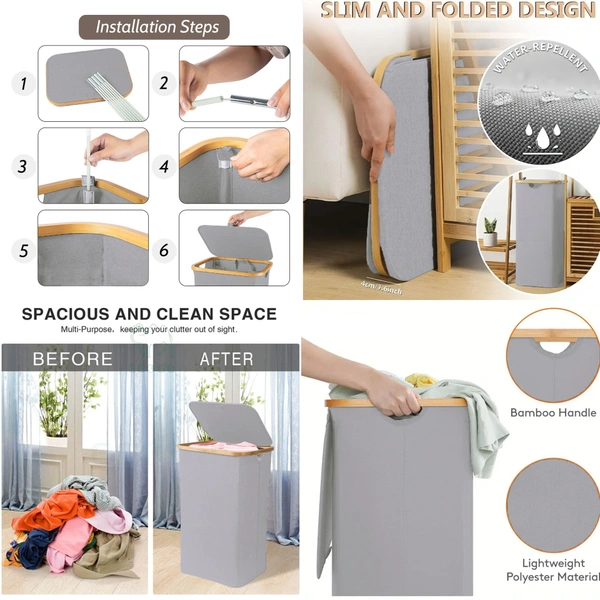 Luxe Home International Laundry Basket for Clothes, Premium Bamboo Big Storage Bag with Lid Multipurpose Used In Laundry Rooms, Bedrooms, Bathrooms (40x60 cm, Grey) - 40x60 cm, Silver