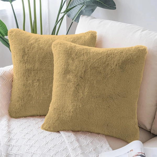 Luxe Home Cushion Cover 16 inch x 16 inch Duble Side Rabbit Fur Plain Design Covers Set of 2 for Sofa, Bedroom, livingroom (Anti Gold)