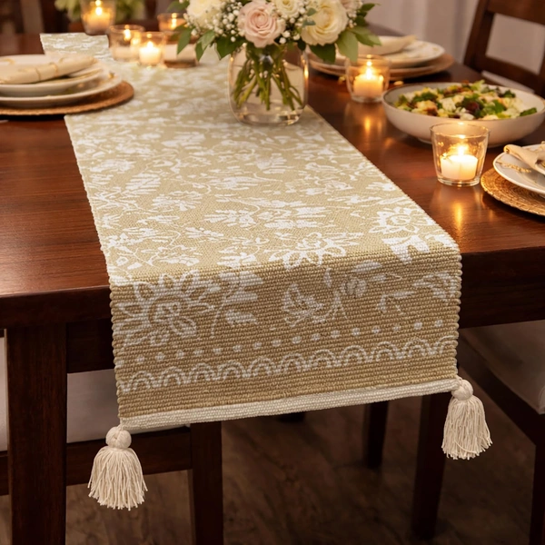 Luxe Home Elegant Beige and White Woven Table Runner with Tassels - Cotton 13.5 x 79.5 Inch, Floral - Perfect for Dining Table, Center Table, Decor Pack of 1