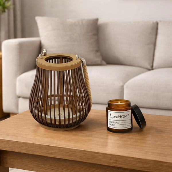 Luxe Home Hanging Lamps, Bamboo Woven Lantern with Egyptian Musk Candle Lamp for Living Room Decoration, Bedroom Decorative, Hall, Indoor & Outdoor Home Decor - 2023-269- Cocoa (23x22x22 cm)